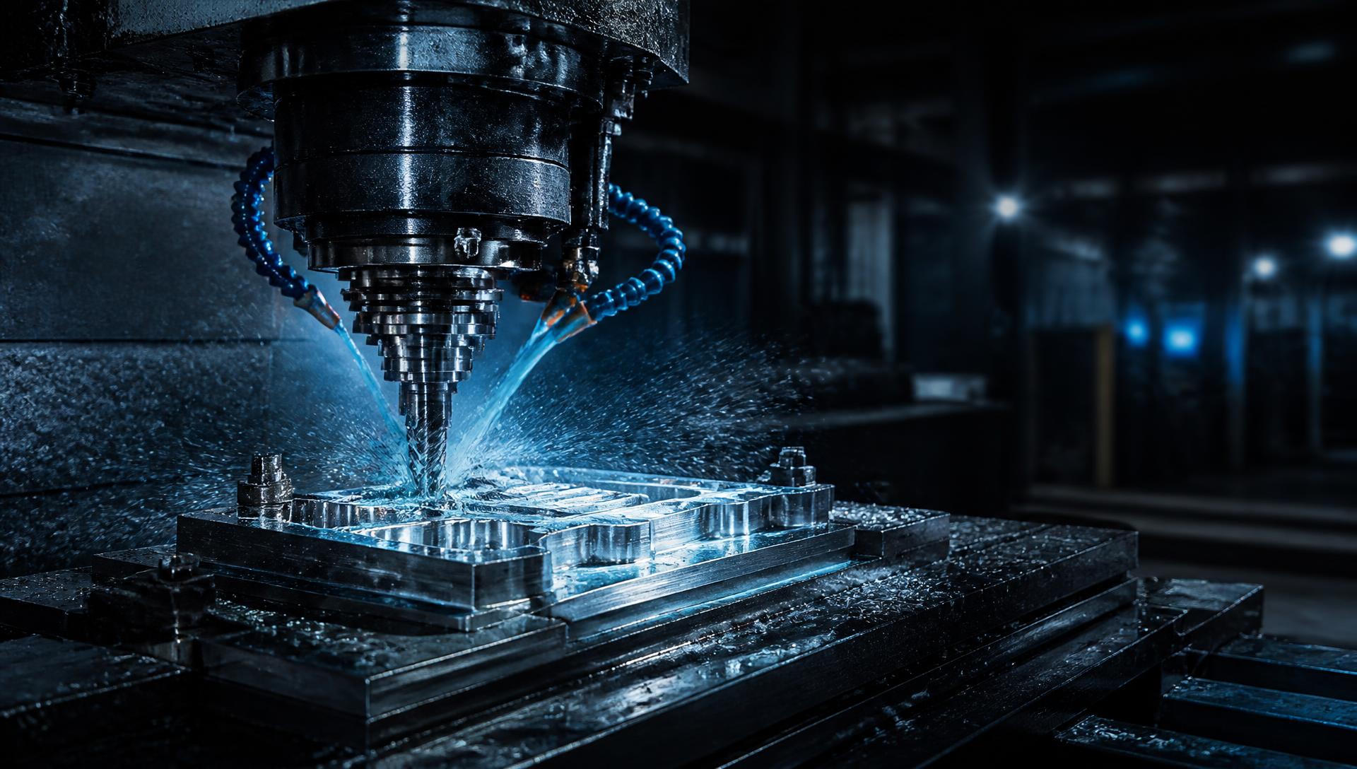 CNC milling machine cutting a precision aluminium component