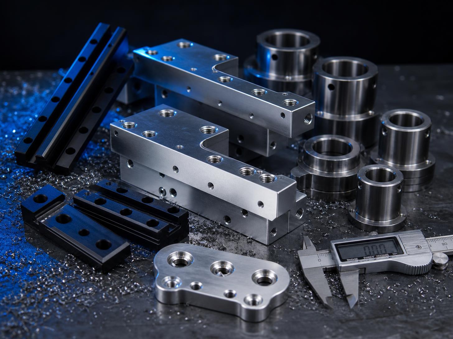 Machined HDPE wear strips, aluminium brackets and custom spacers on a steel bench